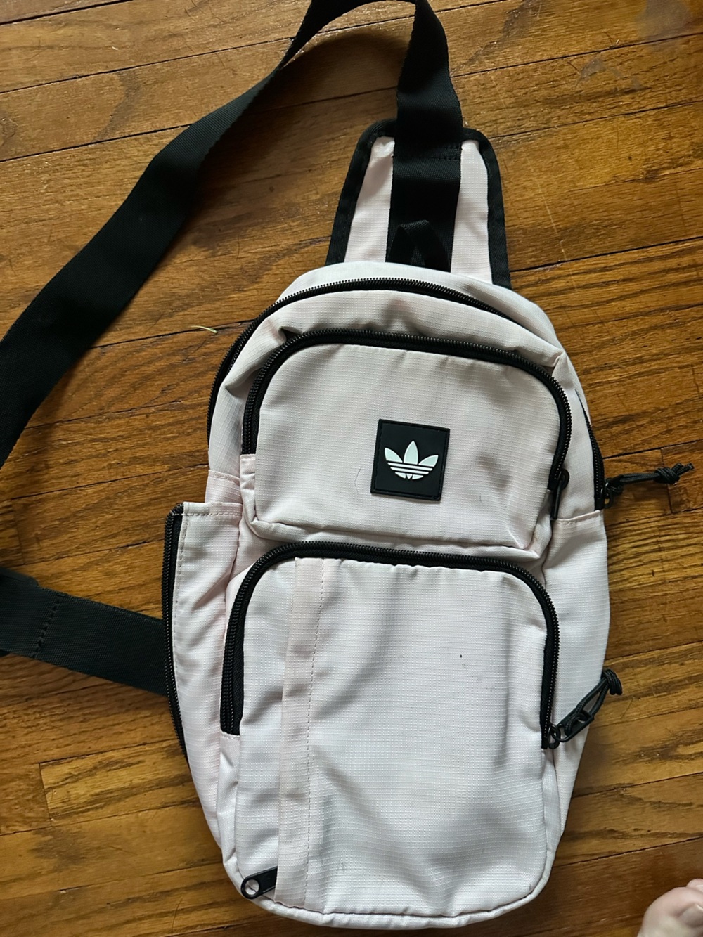 adidas pale pink belt bag with black trim